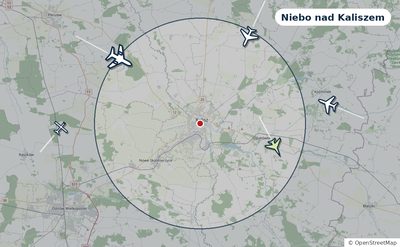 Mapa okolic miasta z sylwetkami samolotów — Niebo nad Kaliszem na żywo