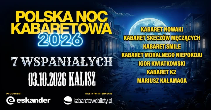 Grafika promocyjna wydarzenia Polska Noc Kabaretowa 2026 w Kaliszu — Siedmiu wspaniałych