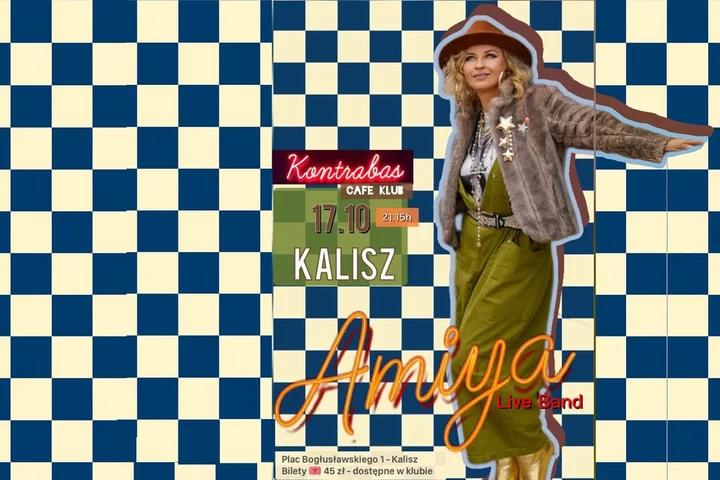 Obrazek przedstawia grafikę promocyjną wydarzenia Amiya w Teatrze im. Wojciecha Bogusławskiego w Kaliszu — koncert na żywo