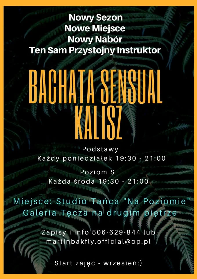 Obrazek przedstawia grafikę promocyjną wydarzenia Bachata: nabór na zajęcia dla początkujących i średnio zaawansowanych w Kaliszu