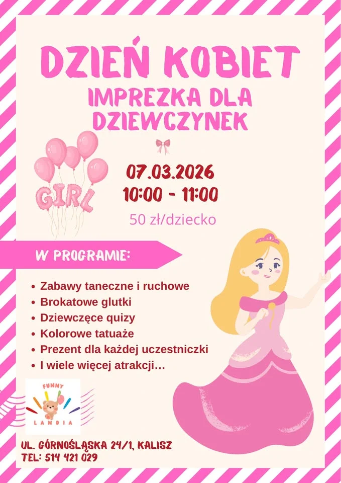 Grafika promocyjna wydarzenia Dzień kobiet dla dziewczynek — imprezka i warsztaty w Kaliszu (7 marca 2026)