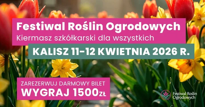 Grafika promocyjna wydarzenia Festiwal Roślin Ogrodowych – Kalisz 2026: kiermasz szkółkarski pod dachem