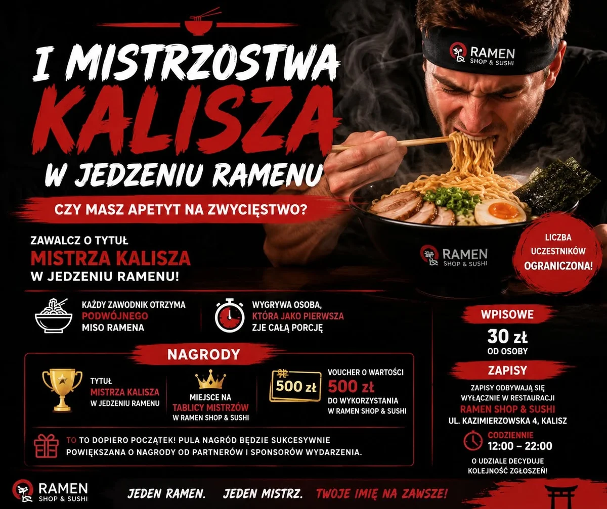 Grafika promocyjna wydarzenia I Mistrzostwa Kalisza w Jedzeniu Ramenu – wielkie wyzwanie