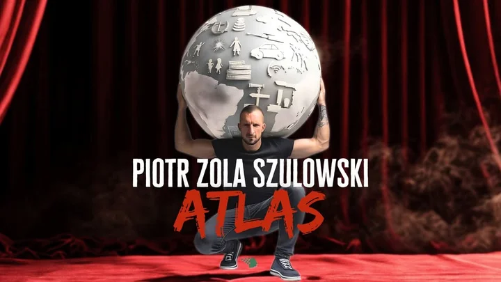 Obrazek przedstawia grafikę promocyjną wydarzenia Stand-up Piotra Zoli Szulowskiego w Kaliszu — program ATLAS