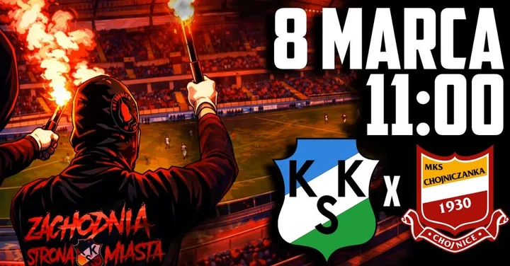Grafika promocyjna wydarzenia KKS Kalisz — Chojniczanka Chojnice. Mecz 8 marca, godz. 11:00