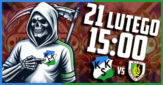 Grafika promocyjna wydarzenia KKS Kalisz – Stal Stalowa Wola: mecz 21 lutego, godz. 15:00