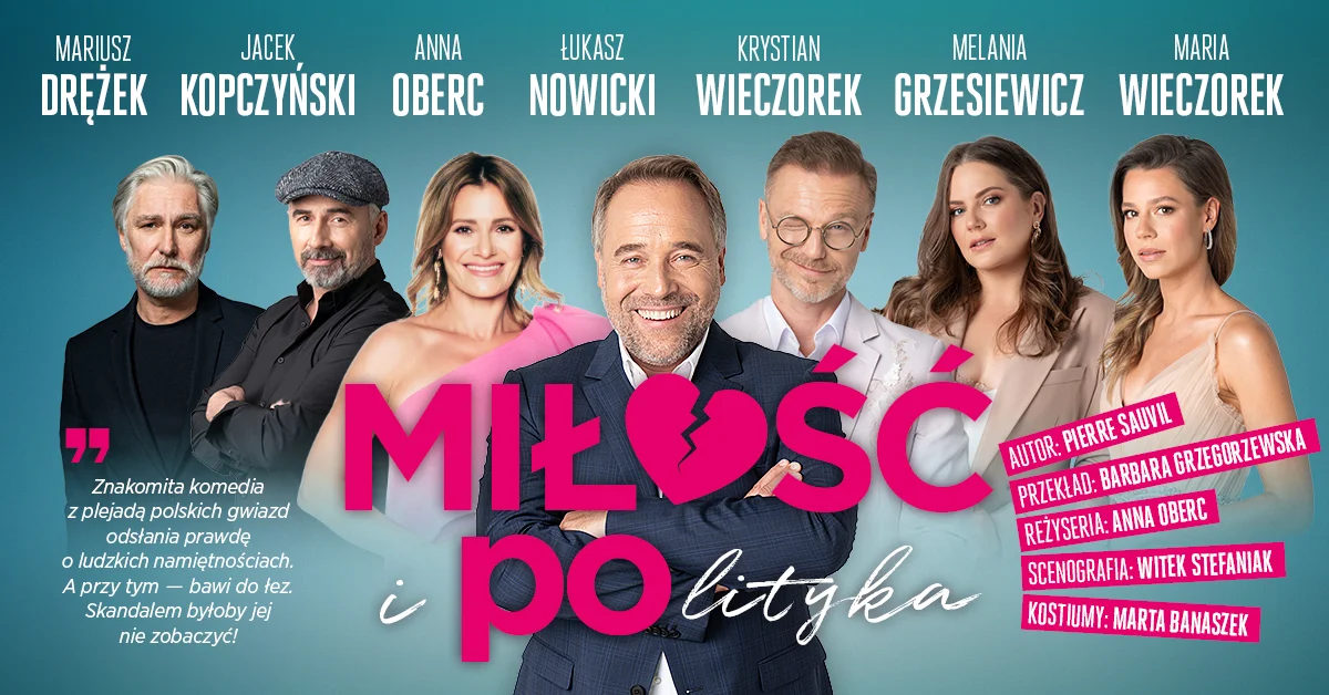 Grafika promocyjna wydarzenia Komedia "Miłość i polityka" w Kaliszu – spektakl z wątkami intryg i humoru