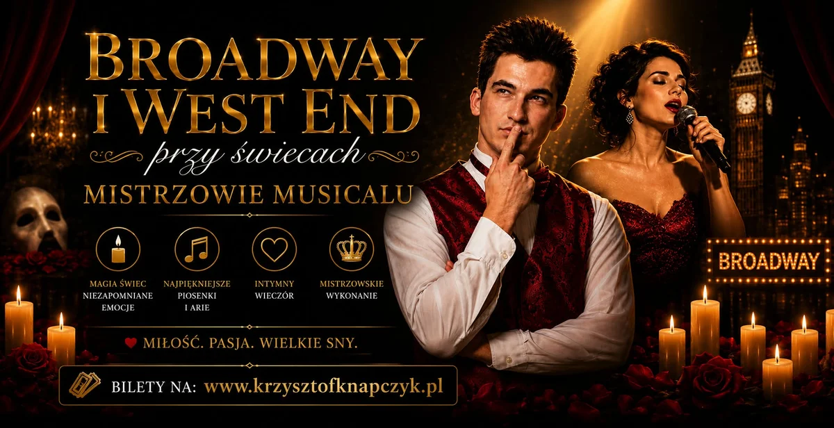 Grafika promocyjna wydarzenia Broadway i West End przy świecach – koncert musicalowy