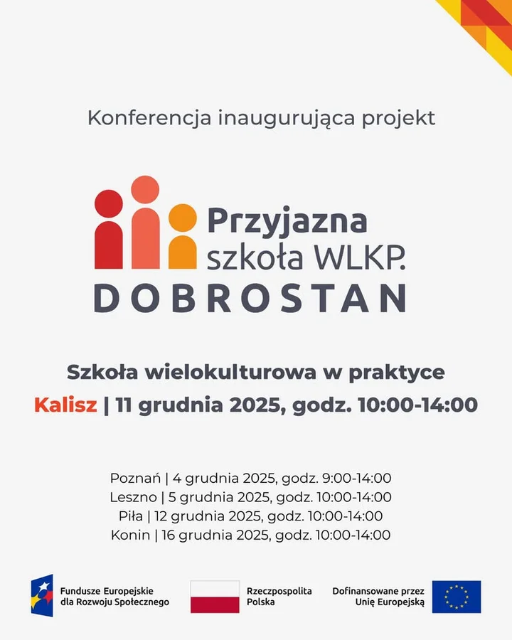 Grafika promocyjna wydarzenia Konferencja „Przyjazna Szkoła”: Szkoła wielokulturowa w praktyce — co buduje dobrostan społeczności szkolnej? (Kalisz)