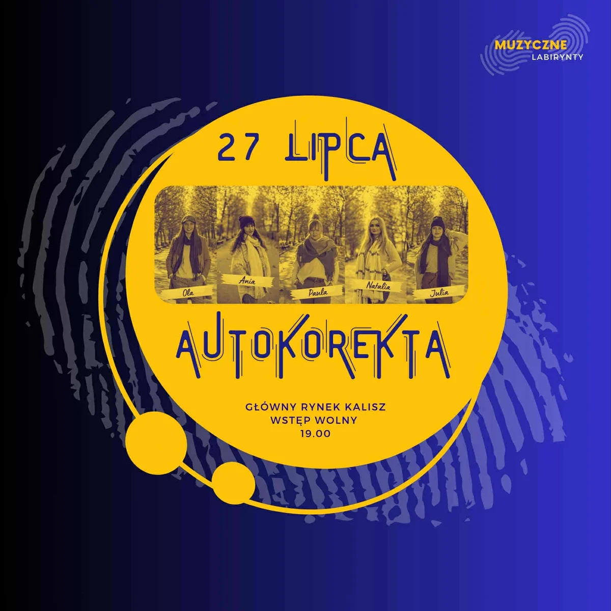 Grafika promocyjna wydarzenia Letni koncert zespołu Autokorekta na rynku w Kaliszu