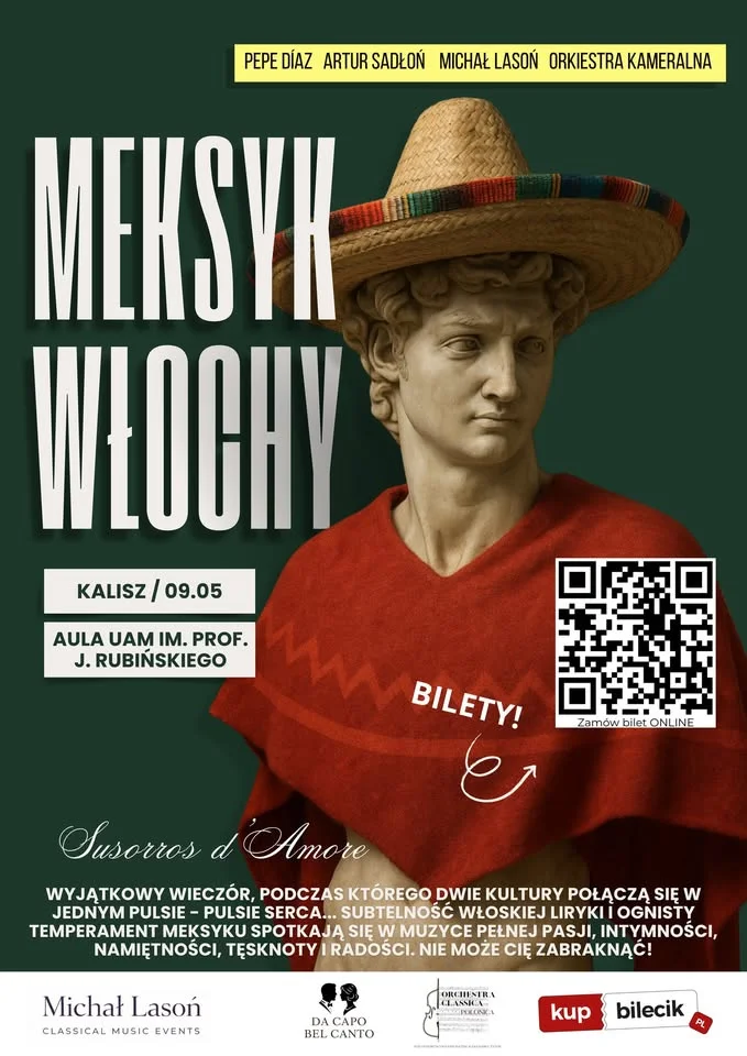 Grafika promocyjna wydarzenia Meksyk i Włochy. Kameralnie — Kalisz: wieczór hiszpańsko‑włoskich melodii