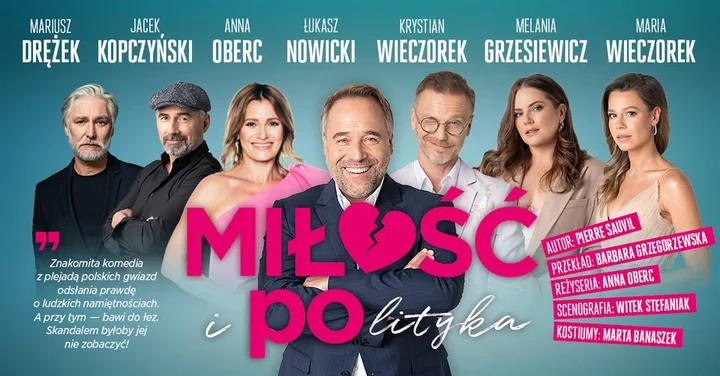 Obrazek przedstawia grafikę promocyjną wydarzenia Komedia polityczna z gwiazdorską obsadą w Kaliszu