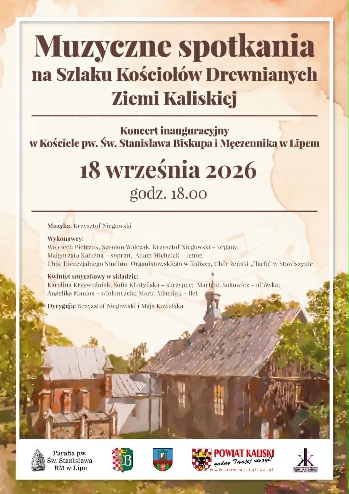 Grafika promocyjna wydarzenia Muzyczne spotkania na Szlaku Kościołów Drewnianych Ziemi Kaliskiej