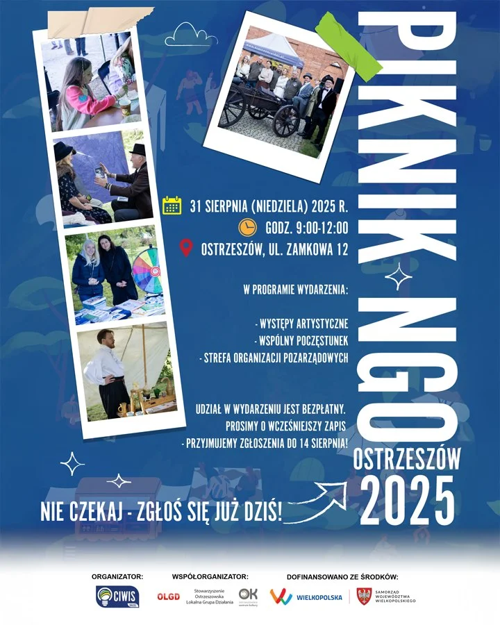 Grafika promocyjna wydarzenia Piknik integrujący organizacje pozarządowe w Ostrzeszowie