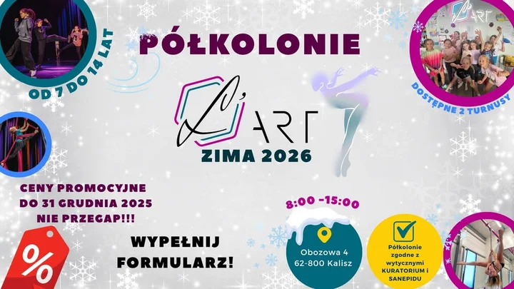 Grafika promocyjna wydarzenia Półkolonie LArt Kalisz – Zima 2026, turnus II (23–27 lutego)