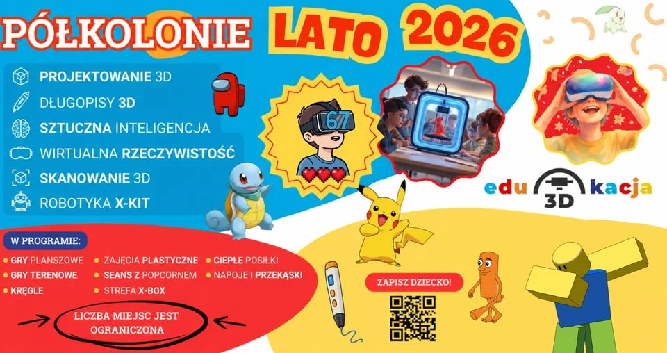 Grafika promocyjna wydarzenia Półkolonie z drukiem 3D, Kalisz – lato 2026