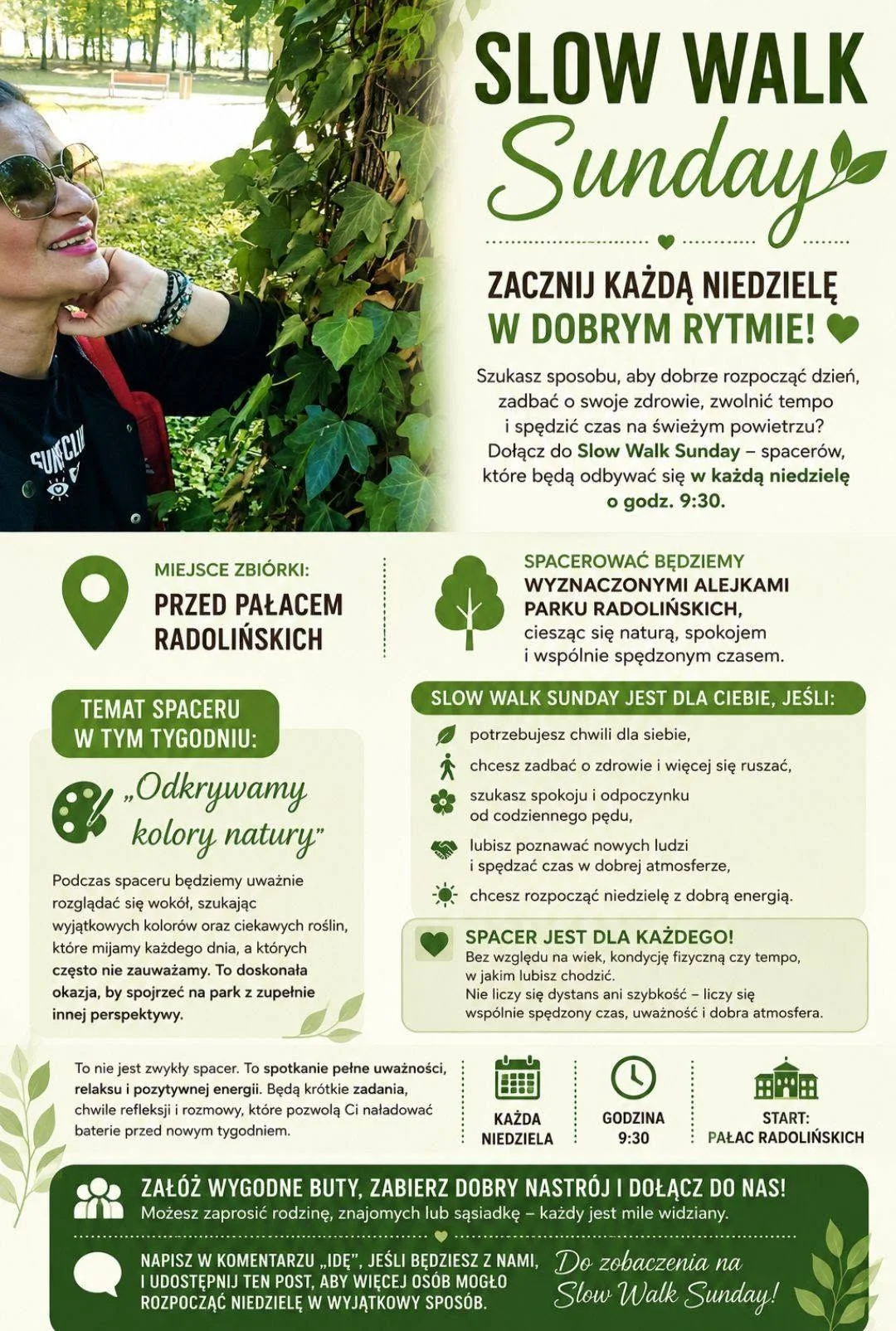 Grafika promocyjna wydarzenia Slow Walk Sunday – spacer w parku