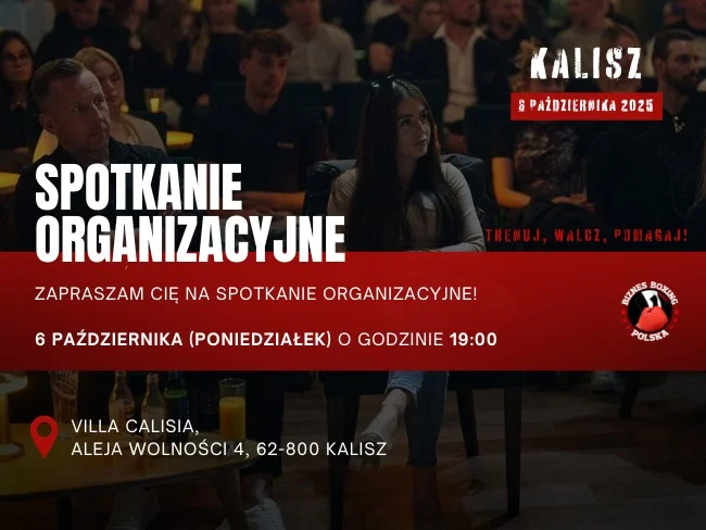 Obrazek przedstawia grafikę promocyjną wydarzenia Spotkanie organizacyjne przed galą boksu w Kaliszu