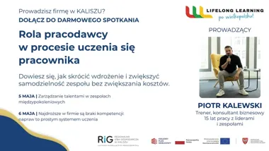 Grafika promocyjna wydarzenia 2 bezpłatne spotkania dla pracodawców w Kaliszu – praktyczne warsztaty o zespole i kompetencjach