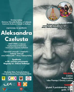 Grafika promocyjna wydarzenia Spotkanie o Aleksandrze Czeluście i czepcach kaliskich w Liskowie