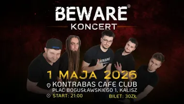 Grafika promocyjna wydarzenia BEWARE zagra w Kaliszu. Rockowy wieczór w Kontrabas Cafe Club