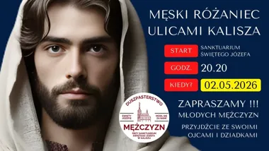 Grafika promocyjna wydarzenia Męski Różaniec ulicami Kalisza – modlitwa i procesja w centrum miasta