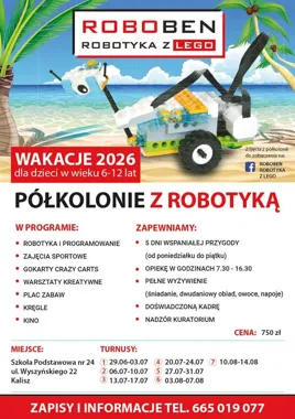 Grafika promocyjna wydarzenia Półkolonie z Robotyką w Kaliszu 2026 – wakacje z robotami, sportem i zabawą