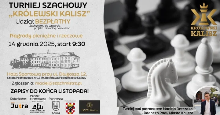 Grafika promocyjna wydarzenia Turniej szachowy Królewski Kalisz — otwarty turniej szachowy dla każdego